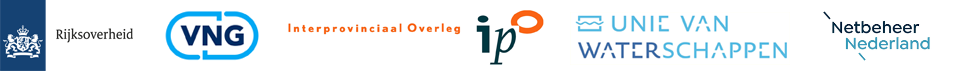 De logos van de opdrachtgevers van NP RES: Rijksoverheid, VNG, Interprovinciaal Overleg, Unie van Waterschappen en Netbeheer Nederland